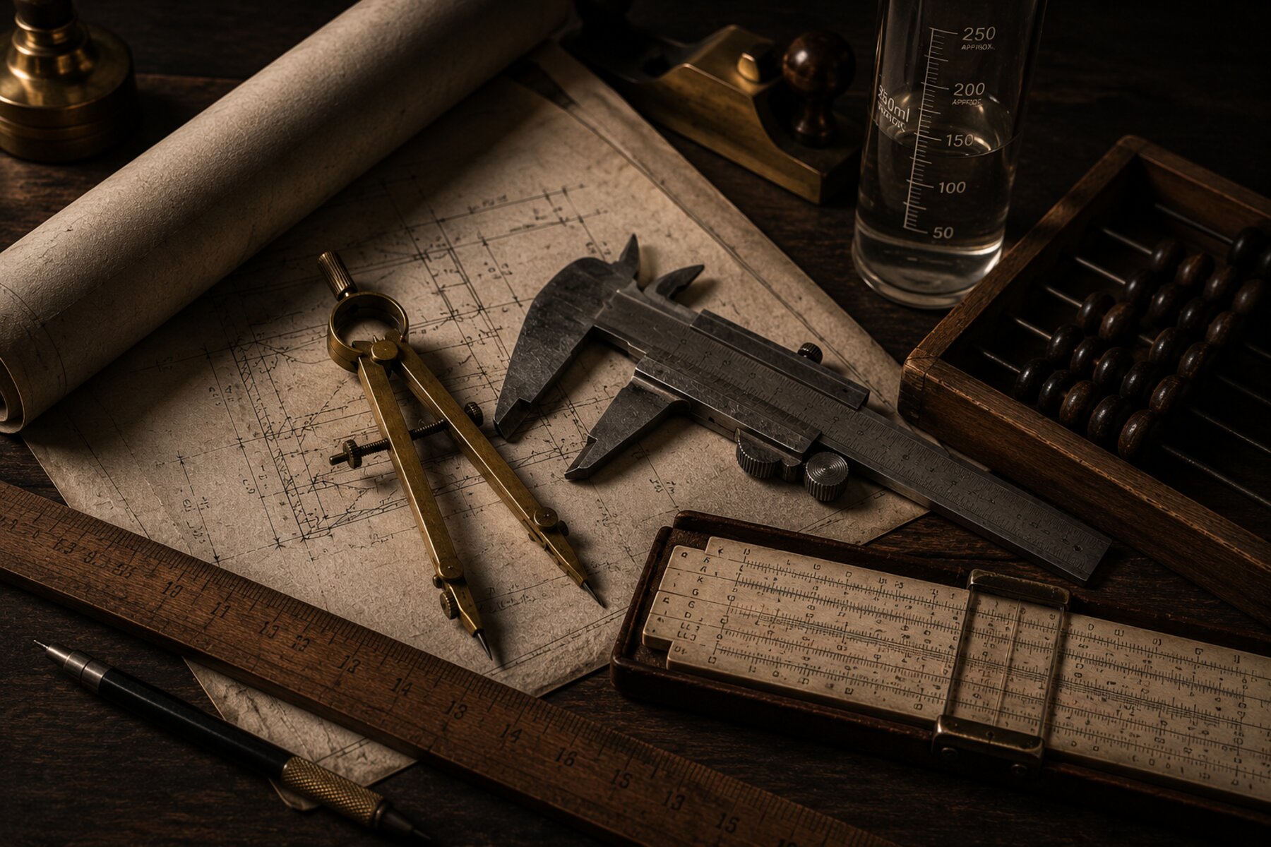 Brass calipers, a drafting compass, and a slide rule laid across a rolled blueprint
