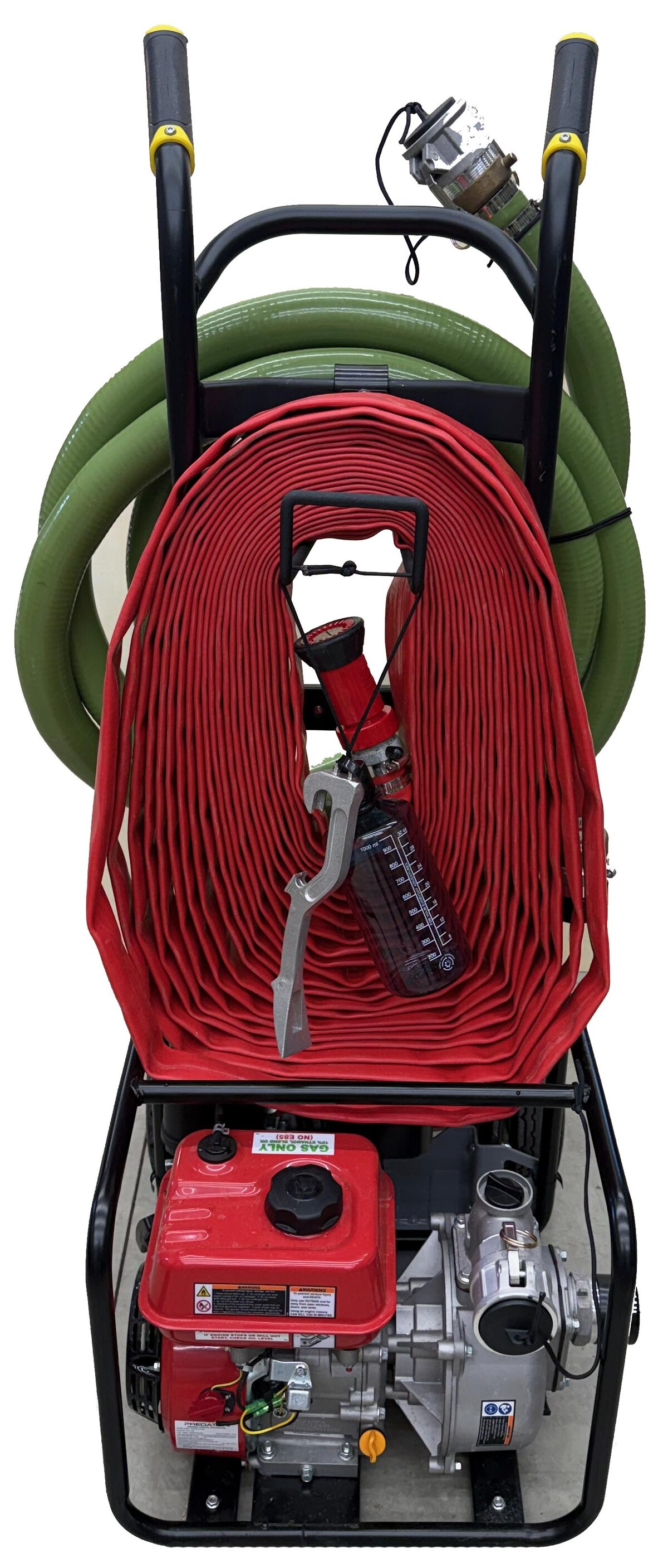 FireReady HPS1 cart, front view, with hose, pump, and priming jug