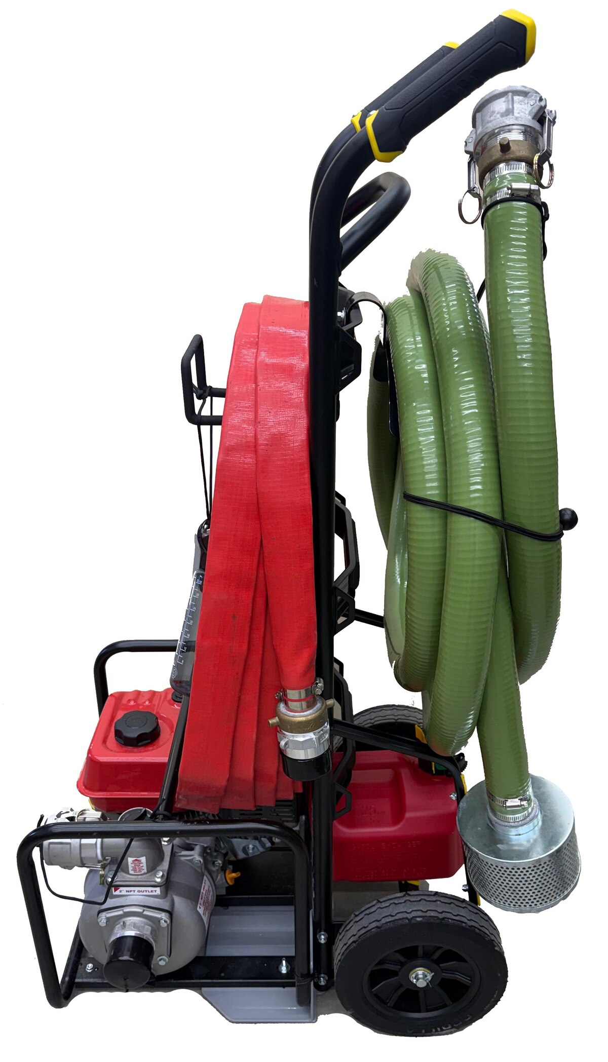 FireReady HPS1 cart, side view, showing the intake hose and debris strainer