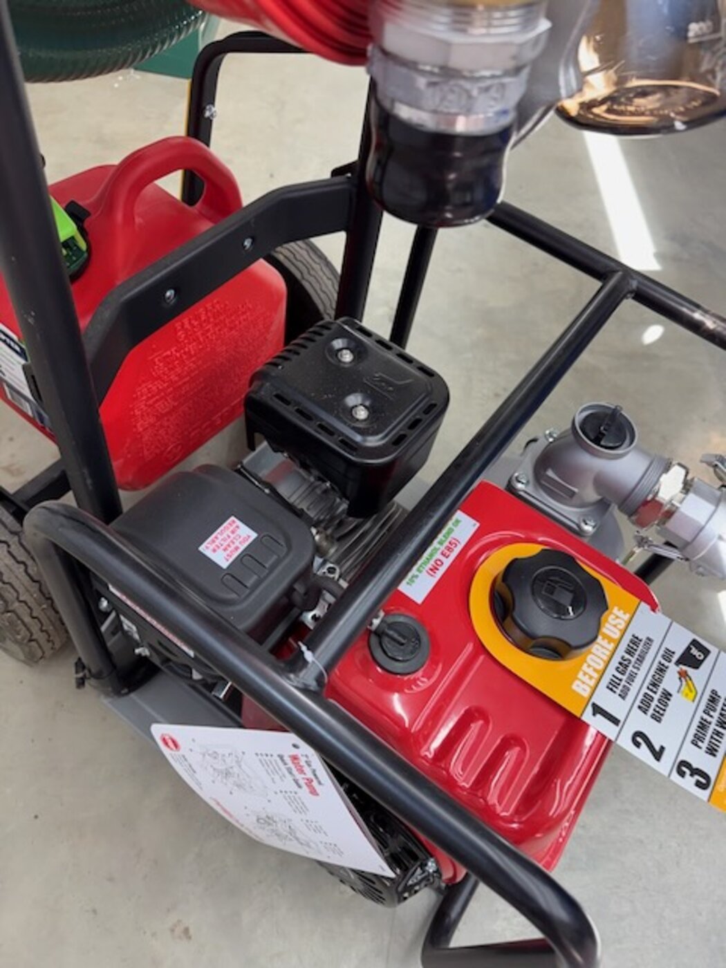 The FireReady pump&rsquo;s numbered before-use decal for fuel, oil, and priming