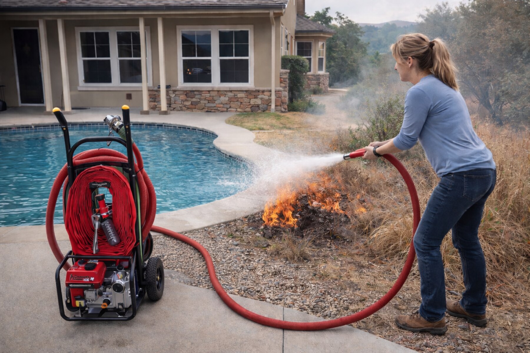 A homeowner using the FireReady HPS1 to spray down a spot fire near a backyard pool