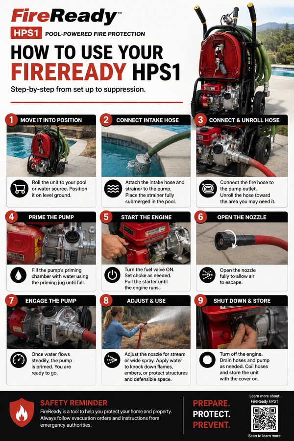 Nine-step infographic showing how to use the FireReady HPS1: move it into position, connect the intake hose, connect and unroll the fire hose, prime the pump, start the engine, open the nozzle, engage the pump, adjust and use, then shut down and store