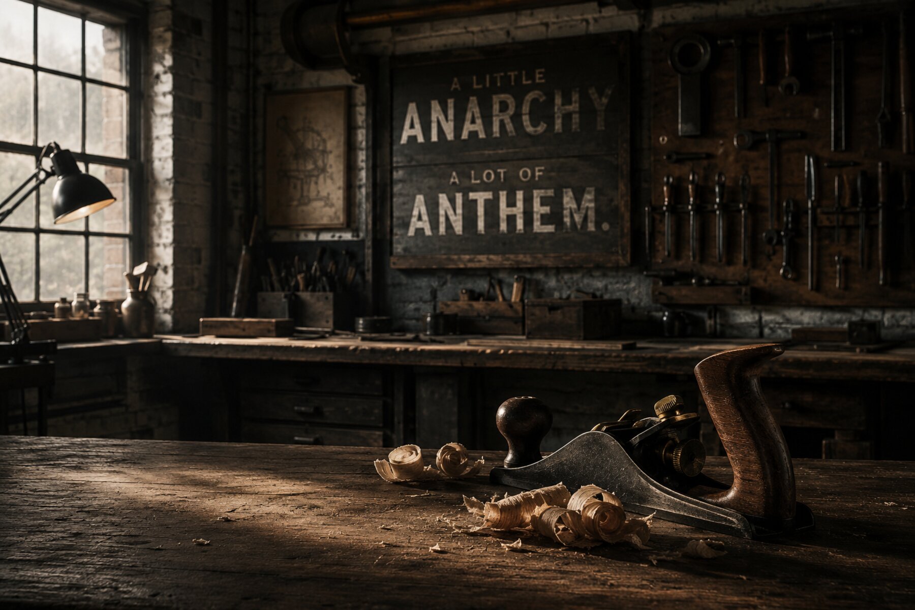 The Ojai workshop, a hand plane and wood shavings on the bench below a hand-lettered A Little Anarchy, A Lot of Anthem sign