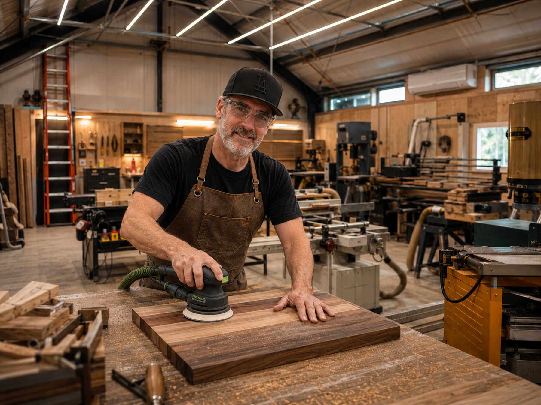 David sanding a walnut serving board in the workshop